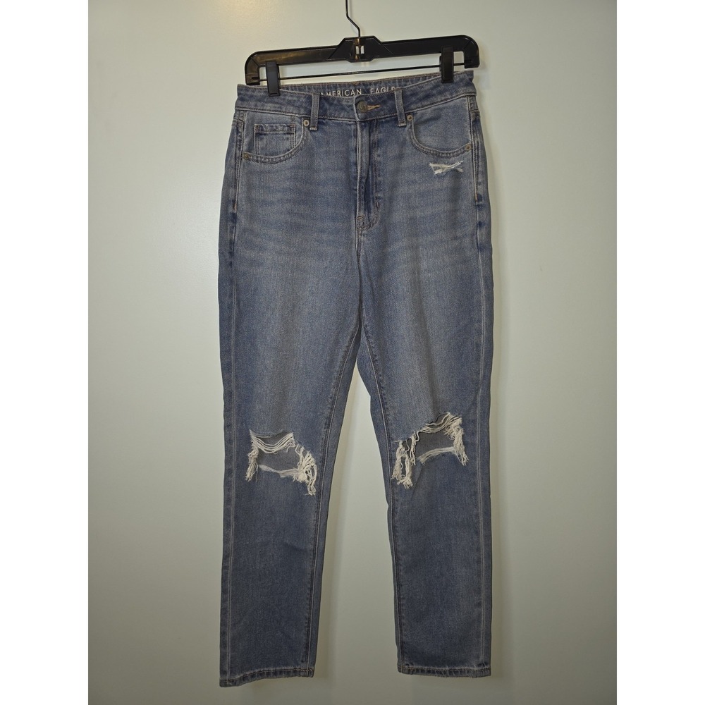 American Eagle Mom Jeans Womens 6 28w Blue‎ Straight Distressed Stretch New